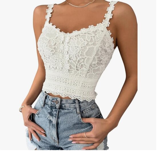 White Boho Womens Guipure Lace Cami Top - Picture 3 of 6